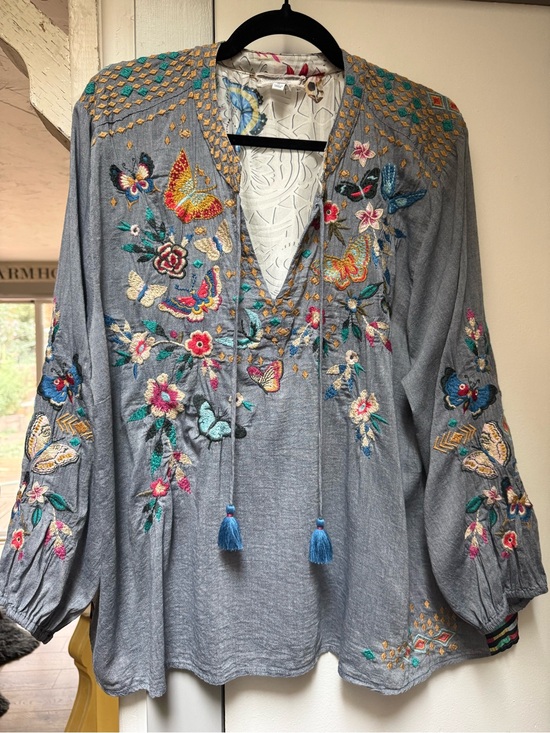 Johnny Was Tops - Johnny Was Blue Embroidered Butterfly Floral Peasant Blouse